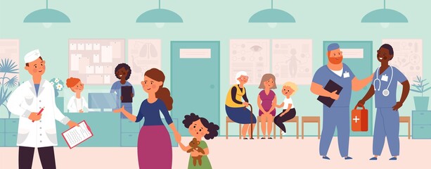 Hospital visiting. Waiting line, clinic interior and patients. Medical staff, flat doctor at reception. People in medicine decent vector illustration