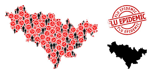 Collage map of Jilin Province united from virus outbreak icons and demographics items. Flu Epidemic textured seal. Black people items and red virus icons. Flu Epidemic caption inside round seal.