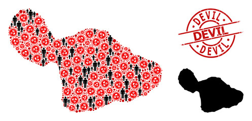 Collage map of Maui Island constructed from covid icons and people icons. Devil scratched watermark. Black people icons and red covid infection icons. Devil title inside round stamp.