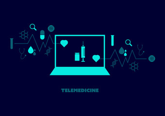 Telemedicine and health care concept. Injection and vaccine bottle on the screen of laptop or computer on blue background with popup icon of medicine, stethoscope, and heart. Online medical at home.