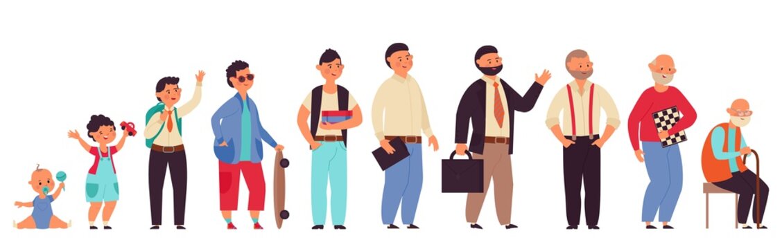 Male different ages. Cartoon student, old man child and adult. Isolated men generation, person growth cycle from baby to senior decent vector set
