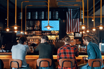 Rear view of young men in casual clothing drinking beer while sitting in the pub