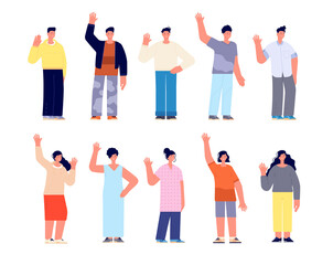 Fototapeta premium Diverse casual characters. People community, happy young women group. Cartoon student hello hand gesture, friendly boys girls utter vector set