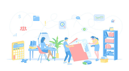 Accounting, Financial analysis, Tax payment, Analytics, Data capture, Statistics, Research. Business team works with documents in office. Vector illustration flat style.