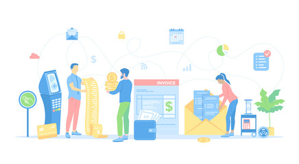Online paying, bookkeeping, accounting, shopping, banking. Invoicing and payment. Man pays the bill. Vector illustration flat style.