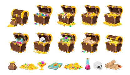 Cartoon treasure gaming elements. Treasures game, wooden chest and ui interface icons. Mysterious elements, book gold coins recent vector set