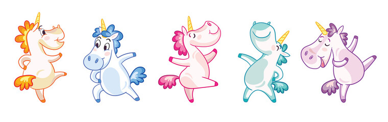Colorful isolated illustration cute and happy dancing unicorns vector set