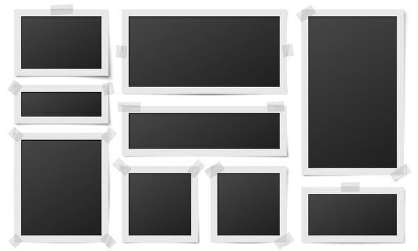 Square photo frames. Photos framing, frame photography template. Realistic digital blank image on tape pieces, isolated cards recent vector set