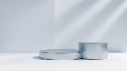 3d illustration pedestal,geometric step blue cylinder podium platform for cosmetic product presentation.Mock up design empty space. Abstract composition in white background modern style