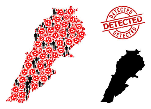 Collage map of Lebanon designed from SARS virus elements and men icons. Detected scratched stamp. Black men items and red covid virus icons. Detected message is inside round seal stamp.