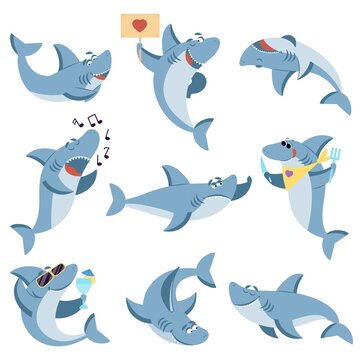 Cute sharks set. Ocean life, isolated shark scary. Underwater cartoon monster fish. Funny sea wild animal for baby kids decent vector characters