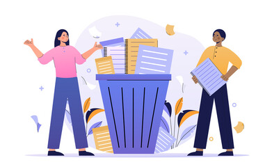 Male and female characters are standing next to trash bucket with document papers