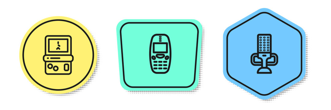 Set Line Tetris, Old Mobile Phone And Microphone. Colored Shapes. Vector