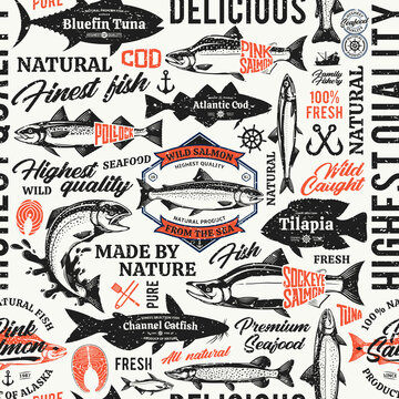 Vector fish retro-styled seamless typographic pattern or background. Fish silhouettes and illustrations