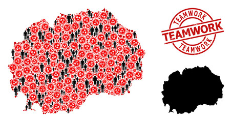 Obraz premium Mosaic map of Macedonia organized from covid items and men icons. Teamwork distress seal stamp. Black people items and red viral items. Teamwork phrase is inside round seal stamp.