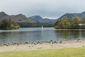 yacht on lake in the mountains