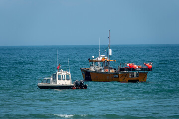 fishing trawlers at anchor in the sea