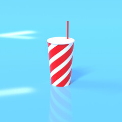 3D render of cup of soda drink with red stripes on blue background. Minimalist style.