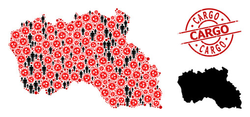 Mosaic map of Santa Maria Island constructed from flu virus icons and population elements. Cargo grunge seal stamp. Black people icons and red flu virus elements. Cargo text inside round seal stamp.