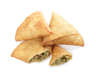 Fresh whole and cut samosas on white background, top view