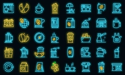 Coffee shop icons set. Outline set of coffee shop vector icons neon color on black