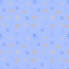 Abstract seamless pattern with blue, beige and orange elements in the form of a spiral on a light blue background. For wallpaper, textiles and fabrics.