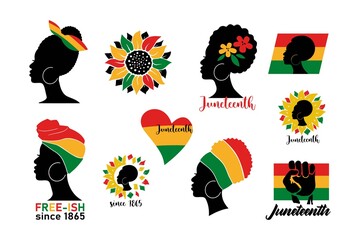 Set of Juneteenth banners with silhouette  afro woman, colorful flag, heart, sunflowers isolated on white background. Vector flat illustration. Design for backdrop, poster, greeting card, flyer - obrazy, fototapety, plakaty