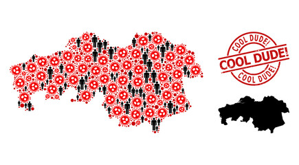 Collage map of North Brabant Province designed from covid-2019 items and humans elements. Cool Dude! textured stamp. Black people elements and red covid infection elements.