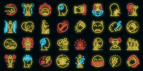 Rage icons set. Outline set of rage vector icons neon color on black