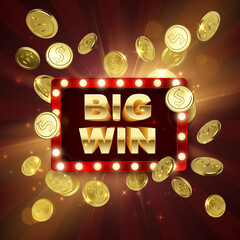 Jackpot casino winner. Big win banner. Retro signboard with falling gold coins. Vector