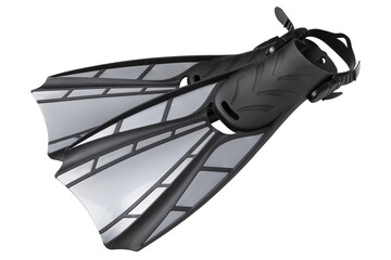 pair of fins for diving or snorkeling, gray-black, on a white background