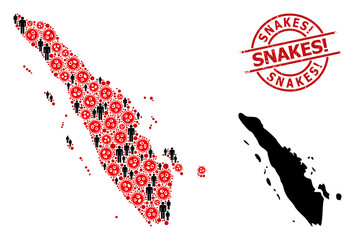 Mosaic map of Sumatra Island constructed from virus elements and men icons. Snakes! distress seal. Black people elements and red SARS virus icons. Snakes! text is inside round stamp.