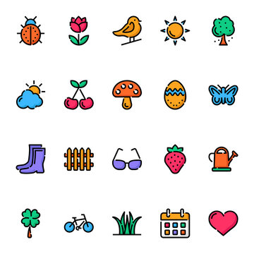 Filled color outline icons for spring.