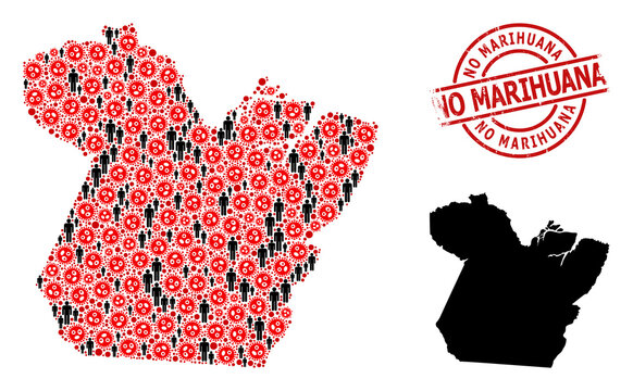 Mosaic map of Paral State organized from virus outbreak elements and demographics elements. No Marihuana scratched seal stamp. Black man icons and red SARS virus elements.