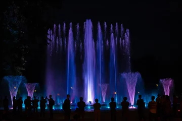 Tafelkleed Magical fountain in Margaret Island Budapest by night. It works according to the rhythm of the music in different colors and shapes © sebi_2569