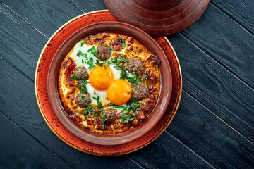 Classic Israeli scrambled eggs - shakshuka with tomatoes, herbs and meat kebabs, served in a clay plate on a black background.
