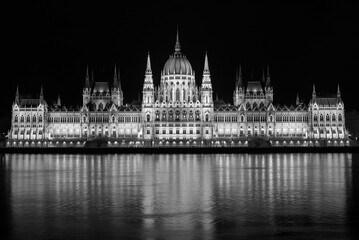 Budapest Parliament Building in black and white seen at night