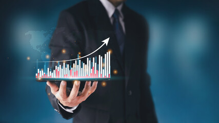 Businessman hand show Stock chart showing rising stock sign with graph indicator. Interest rate...