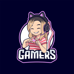 Cute gamer girl mascot cartoon character shows heart gesture suitable for gaming or streamer logo - obrazy, fototapety, plakaty