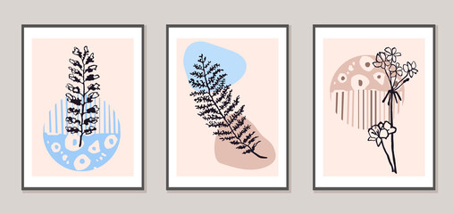 Vector set of collage modern poster with abstract shapes and illustration of plant. Scandinavian Style. For posters, textile print, wrapping paper, greeting card template, social media post
