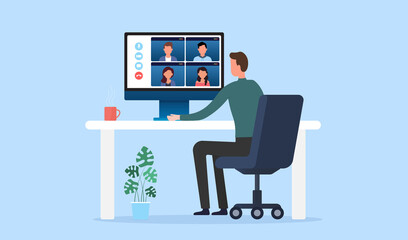 Vector illustration people online video conference for meeting with remote technology working and people work from home concept.