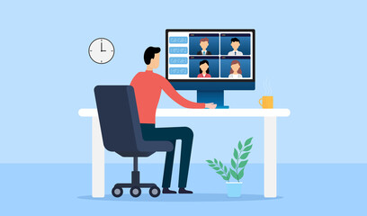 Vector illustration people online video conference for meeting with remote technology working and people work from home concept.