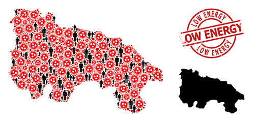 Obraz premium Mosaic map of La Rioja Spanish Province constructed from coronavirus elements and humans elements. Low Energy grunge seal stamp. Black man icons and red coronavirus elements.