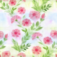 Flowers and leaves. Decorative composition on a watercolor background. Seamless patterns. Use printed materials, signs, items, websites, maps, posters, postcards, packaging.