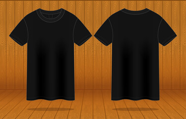 Black T-Shirt Template Vector On Wooded Background.Front And Back View.