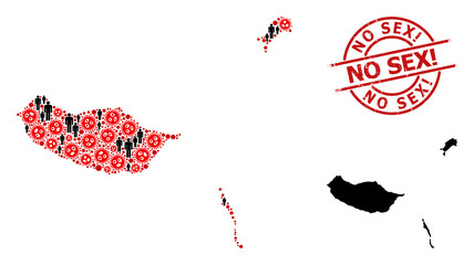 Mosaic map of Madeira Islands designed from flu virus icons and people items. No Sex! textured watermark. Black people items and red covid items. No Sex! phrase is inside round seal stamp.