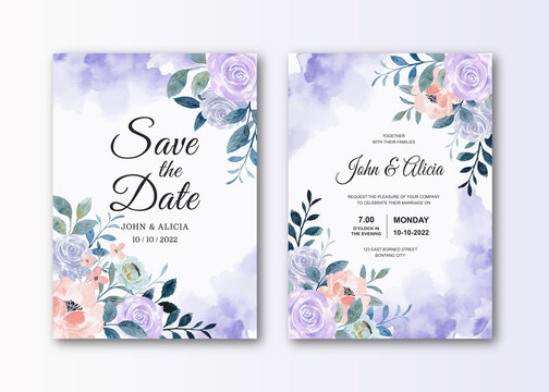 Wedding invitation card with watercolor purple rose flower