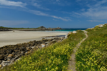 plage au sable blanc sous le ciel bleu de Bretagne dans le Finistère le long d'un chemin de randonné