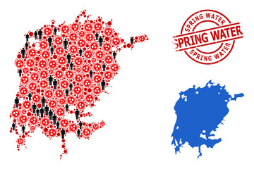 Mosaic map of Victoria Lake united from covid elements and population elements. Spring Water distress stamp. Black man items and red coronavirus items. Spring Water caption is inside round seal stamp.