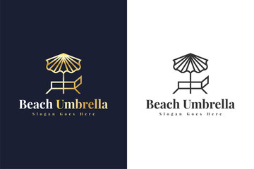 Gold Beach Umbrella Logo with Vintage Style in Linear Concept. Usable for Business and Branding Logos